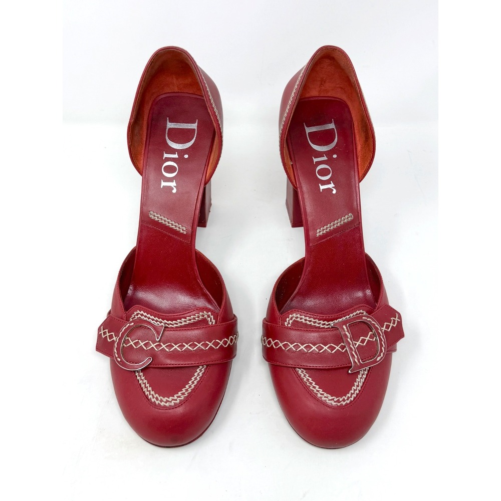 Dior Spring 2005 Red Leather Whipstitch CD Buckle dOrsay Block Heels 41 - Picture 3 of 12
